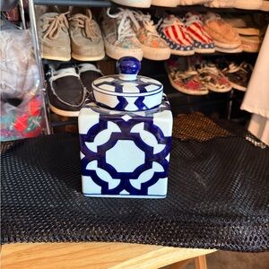 Blue and White Ceramic Jar with Lid